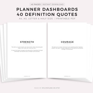 40 Cuadros de Mando con Citas de Definición Imprimibles, Insertos Divisores Minimalistas para Planificadores, A4/A5/Carta/Media Página, Descarga Instantánea en PDF