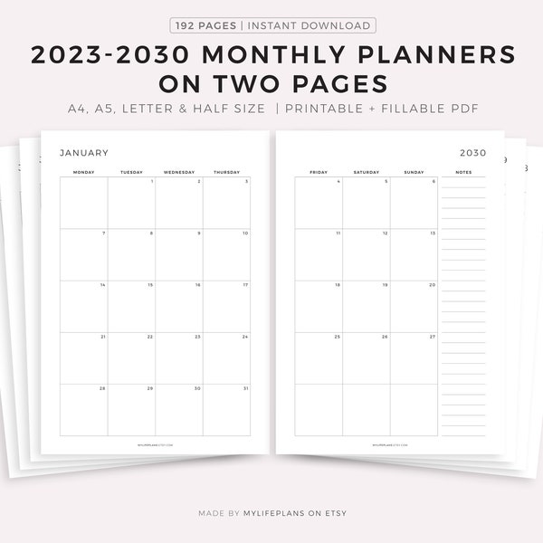 Calendriers mensuels 2024-2030 sur deux pages avec notes, modèle de calendrier imprimable PDF, calendrier annuel, début lundi/dimanche, A4/A5/Lettre/Demi