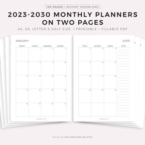 2024-2030 Monthly Calendars on Two Pages with Notes, Printable Calendar Template PDF, Year Calendar, Monday/Sunday Start, A4/A5/Letter/Half