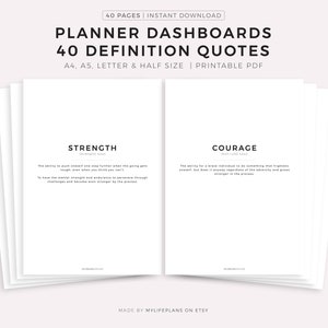 40 Cuadros de Mando con Citas de Definición Imprimibles, Insertos Divisores Minimalistas para Planificadores, A4/A5/Carta/Media Página, Descarga Instantánea en PDF