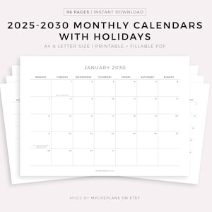 2025-2030 Monthly Calendars with Holidays, Printable Calendar Template, Landscape, Minimalist Calendar, Instant Download, A4/Letter