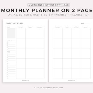 Planificador mensual imprimible en dos páginas, resumen del mes, agenda mensual, insertos mensuales sin fecha, descarga instantánea