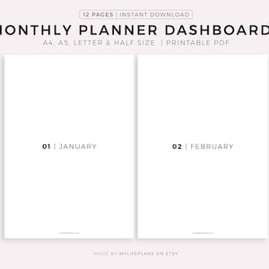 Paneles mensuales minimalistas imprimibles, separadores mensuales, insertos para planificadores, tamaño A4/A5/Carta/Media página, descarga instantánea