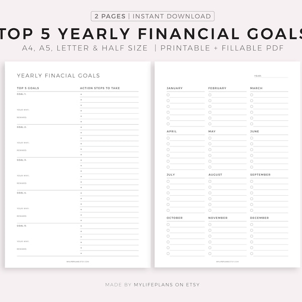 Top 5 Yearly Financial Goals, Goal Setting, Goal Planning, Plan For Success, A4/A5/Letter/Half Size, Instant Download PDF