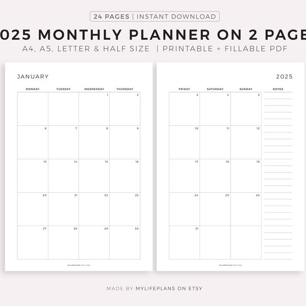 2025 Monthly Planner Printable, Dated Month on 2 Pages, 2025 Calendar, Month At a Glance, A4/A5/Letter/Half, Instant Download