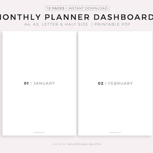 Minimalist Monthly Dashboards Printable, Monthly Dividers, Planner Dashboard Inserts,  A4/A5/Letter/Half, Instant Download