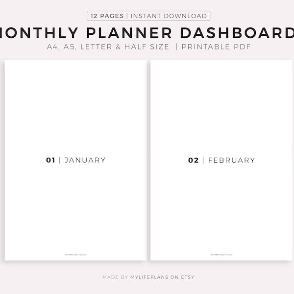 Minimalist Monthly Dashboards Printable, Monthly Dividers, Planner Dashboard Inserts,  A4/A5/Letter/Half, Instant Download