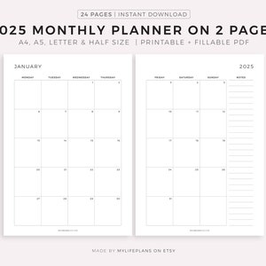 Planificador mensual imprimible 2025, mes con fecha en 2 páginas, calendario 2025, resumen del mes, tamaño A4/A5/Carta/Media página, descarga instantánea