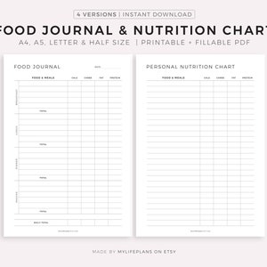 Afdrukbare sjabloon dagelijkse voedingsdagboek en voedingsgrafiek, voedsellogboek, maaltijdtracker, dieetfitnessplanner, A4/A5/Letter/Half, Instant Download