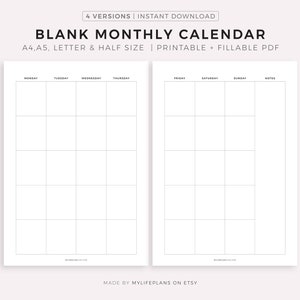 2 Page Blank Monthly Calendar Printable & Fillable, Minimalist Calendar Template PDF, Monday/Sunday Start, A4/Letter, Instant Download
