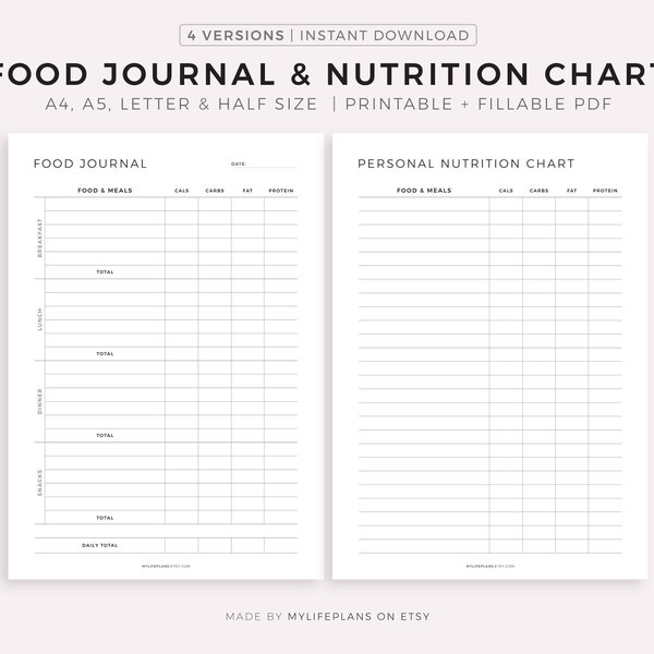 Daily Food Journal & Nutrition Chart Printable Template, Food Log, Meal Tracker, Diet Fitness Planner, A4/A5/Letter/Half, Instant Download