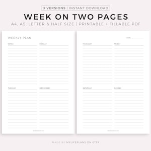 Week on Two Pages, Printable Weekly Planner, Minimal Weekly Schedule, Week at a Glance, Planner ...