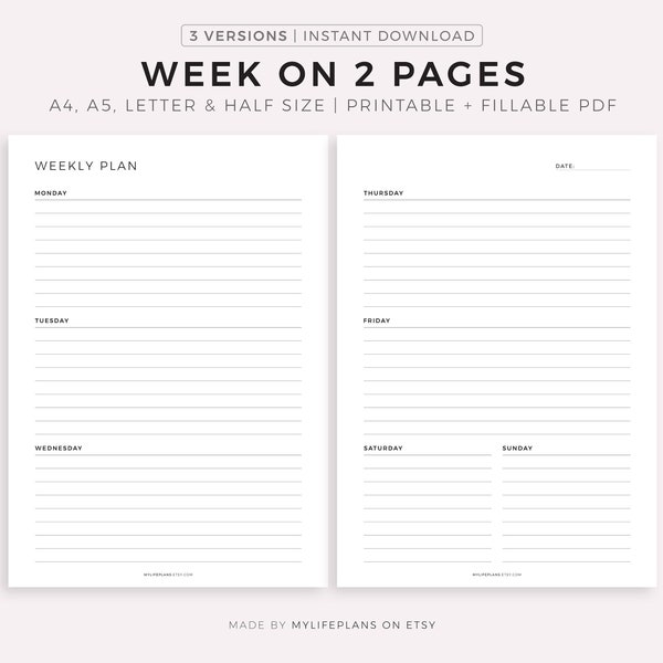 Week on 2 Pages, Week At a Glance, Weekly Schedule, Weekly Agenda, Minimal Weekly Planner Printable PDF, Planner Inserts, A4/A5/Letter/Half