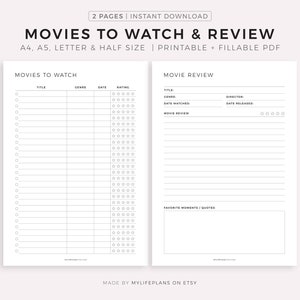 Movies to Watch & Review Page Printable and Fillable PDF, A4/A5/Letter/Half Size, Instant Download