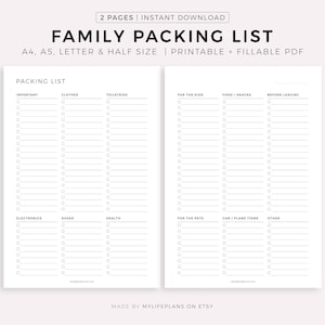 Lista de equipaje para viajes familiares: ropa, zapatos, aparatos electrónicos, artículos de aseo, para los niños, para las mascotas, comida/snacks, etc. Descarga instantánea en PDF.
