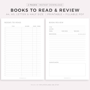 Lista de libros para leer y página de reseñas (PDF imprimible y rellenable, tamaño A4/A5/Carta/Medio, descarga instantánea)
