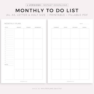 Lista de tareas mensuales en dos páginas, Planificador mensual de productividad imprimible, Agenda mensual, Resumen del mes, Inserciones mensuales minimalistas sin fecha