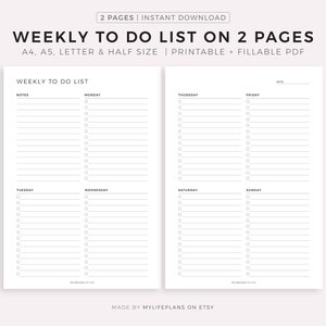 Lista de tarefas semanais para impressão em duas páginas, lista de tarefas semanais, planejador semanal, A4/A5/carta/meio, download instantâneo em PDF