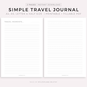 Diário de viagem para impressão, diário de aventura, páginas de memórias de viagem, diário de viagem, diário de férias, caderno de viagem, tamanho A4/A5/carta/meio tamanho