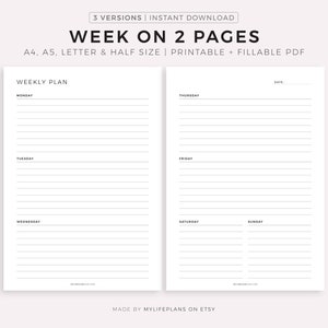 Semana en 2 páginas, Resumen de la semana, Horario semanal, Agenda semanal, Planificador semanal minimalista imprimible en PDF, Insertos para planificador, A4/A5/Carta/Media página