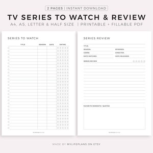 Página de series de TV para ver y reseñar (PDF imprimible y rellenable, tamaño A4/A5/Carta/Medio, descarga instantánea)