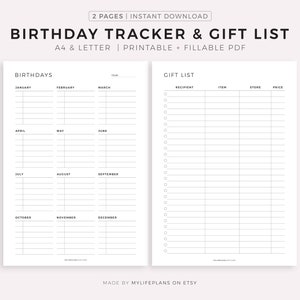 Lista de regalos y seguimiento de cumpleaños imprimible, planificador de cumpleaños, recordatorio de cumpleaños y regalos, tamaño A4/A5/carta/medio, descarga instantánea en PDF.