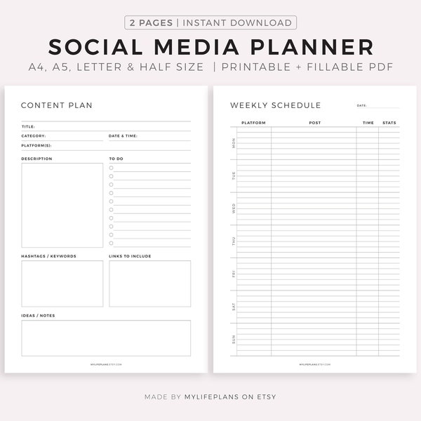 Social Media Planner Printable, Content Planner for Instagram, Youtube, Pinterest, TikTok, Blog, A4/A5/Letter/Half, Instant Download PDF