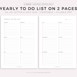 Lista de tareas anuales en dos páginas, Tareas anuales, Planificador anual, Planificador anual, A4/A5/Carta/Media página, PDF imprimible y rellenable, Descarga instantánea