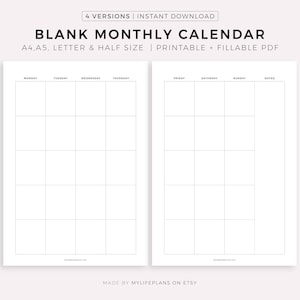 2-seitiger leerer Monatskalender zum Ausdrucken & Ausfüllen, Minimalistischer Kalender PDF, Montag/Sonntag Start, A4/Letter, Instant Download