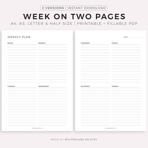 Semana en dos páginas, Planificador semanal imprimible, Horario semanal minimalista, Resumen semanal, Insertos para planificador, Descarga instantánea, A4/A5/Carta/Media página
