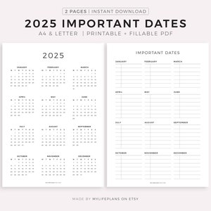 Calendario 2025 y fechas importantes imprimibles: cumpleaños, aniversarios, viajes, citas médicas, mantenimiento del coche, etc., tamaño A4/Carta.