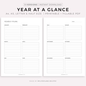 Planificador anual imprimible de dos páginas, resumen de 12 meses, minimalista, tamaño A4/A5/Carta/Media página, descarga instantánea en PDF.