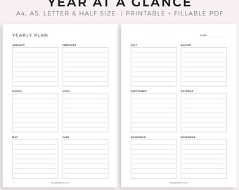 Jaar in één oogopslag, afdrukbare jaarplanner met twee pagina&#39;s, overzicht van 12 maanden, minimalistische planner, A4/A5/Letter/Half, pdf direct downloaden