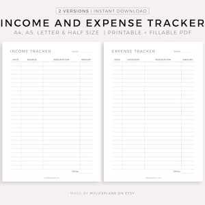 Income & Expense Tracker, Monthly Budget Planner Printable, Financial Planner, Money Tracker, A4/A5/Letter/Half Size, Instant Download PDF