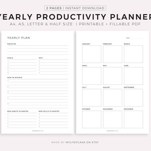 Yearly Planner, Productivity Planner, Yearly Goals, Habits, 12 Month Overview,  A4/A5/Letter/Half, Printable & Fillable, Instant Download