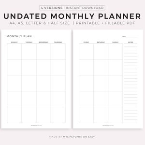 Undated Monthly Planner Printable, Month on Two Pages, Month At a Glance, Monthly Calendar Inserts, Sunday/Monday Start, A4/A5/Letter/Half