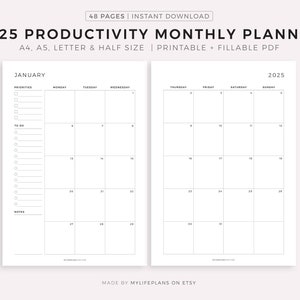 2025 Monthly Planner Printable, Monthly Agenda, Month at a Glance, Sunday/Monday Start, A4/A5/Letter/Half
