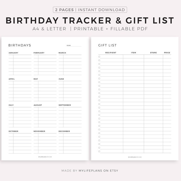 Birthday Tracker & Gift List Printable, Birthday Planner, Birthday and Present Reminder, A4/A5/Letter/Half Size, Instant Download PDF