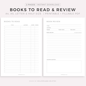 Books to Read List & Book Review Page Printable and Fillable PDF, A4/A5/Letter/Half Size, Instant Download