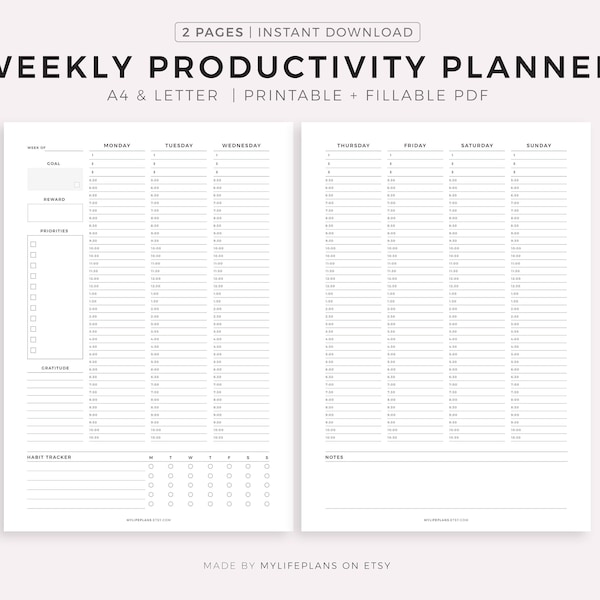 Weekly Productivity Planner Printable, Goal Planner, Habit Tracker, Agenda To Do List, Weekly Schedule, Daily Planner PDF, A4 & Letter