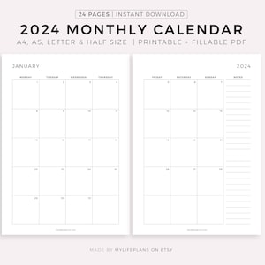 2024 Monthly Calendar on Two Pages With Notes, Printable Calendar Template PDF, Year Calendar, Monday/sunday Start, A4/a5/letter/half - Etsy 2024-monthly-calendar-on-two-pages-with-notes-printable-calendar-template-pdf-year-calendar-monday-sunday-start-a4-a5-letter-half-etsy