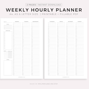 Weekly Planner, Daily Planner, Hourly Planner, To Do List, Productivity Planner, PDF Printable Inserts, A4, A5 & Letter, Instant Download