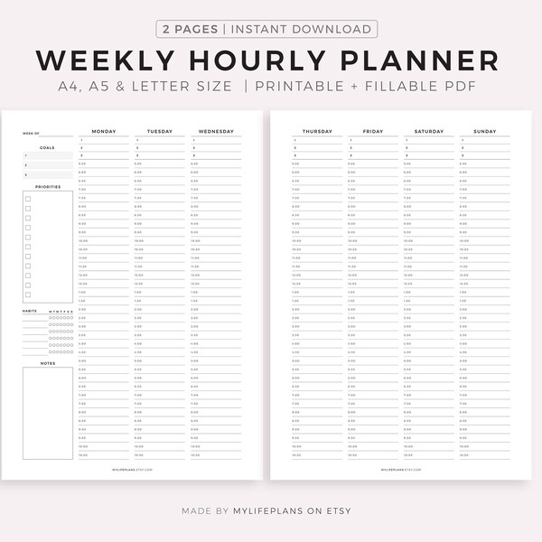 Printable Weekly Calendar Hourly Etsy