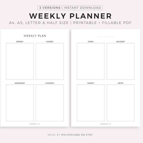 Weekly Planner Printable Vertical, Minimalist Weekly Schedule, Week on Two Pages, Week At a Glance, Weekly Organizer, A4/A5/Letter/Half