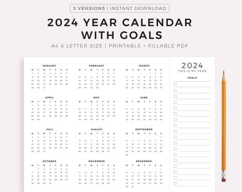 2024 Year Calendar with Goals, Desk Calendar, Wall Calendar, Monday & Sunday Start, Printable Calendar Template Landscape, A4/Letter