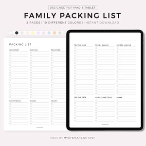 May include: A printable packing list for families, designed for iPad and tablet use. The list is divided into categories such as important items, clothes, toiletries, food, snacks, for the kids, for the pets, car/plane items, and other. The list is available in 10 different colours and includes checkboxes for each item.