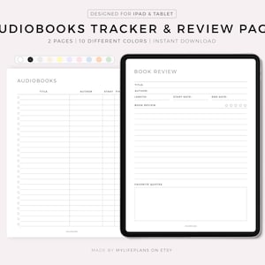 Op de afbeelding: Een digitale plannertemplate voor het bijhouden van audioboeken. De template bevat een lijst om audioboeken bij te houden en een pagina om elk boek te beoordelen. De template is ontworpen voor gebruik op een iPad of tablet.