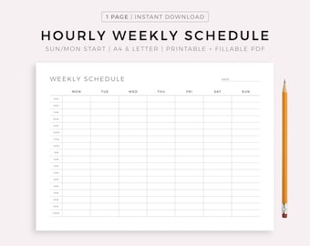 Hourly Weekly Schedule Landscape, Digital Weekly Planner, Week At a Glance, Weekly Agenda, Desk Planner, Weekly To Do List,