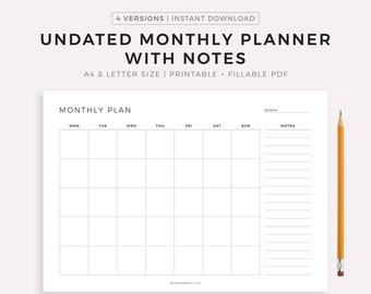 Undated Monthly Planner with Notes, Monthly Organizer, Month at a Glance, Monday & Sunday Start, A4/Letter, Printable/Fillable, Landscape