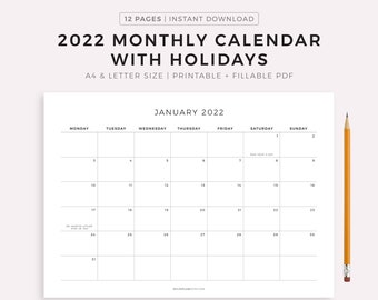 2022 monthly calendar with holidays printable calendar etsy